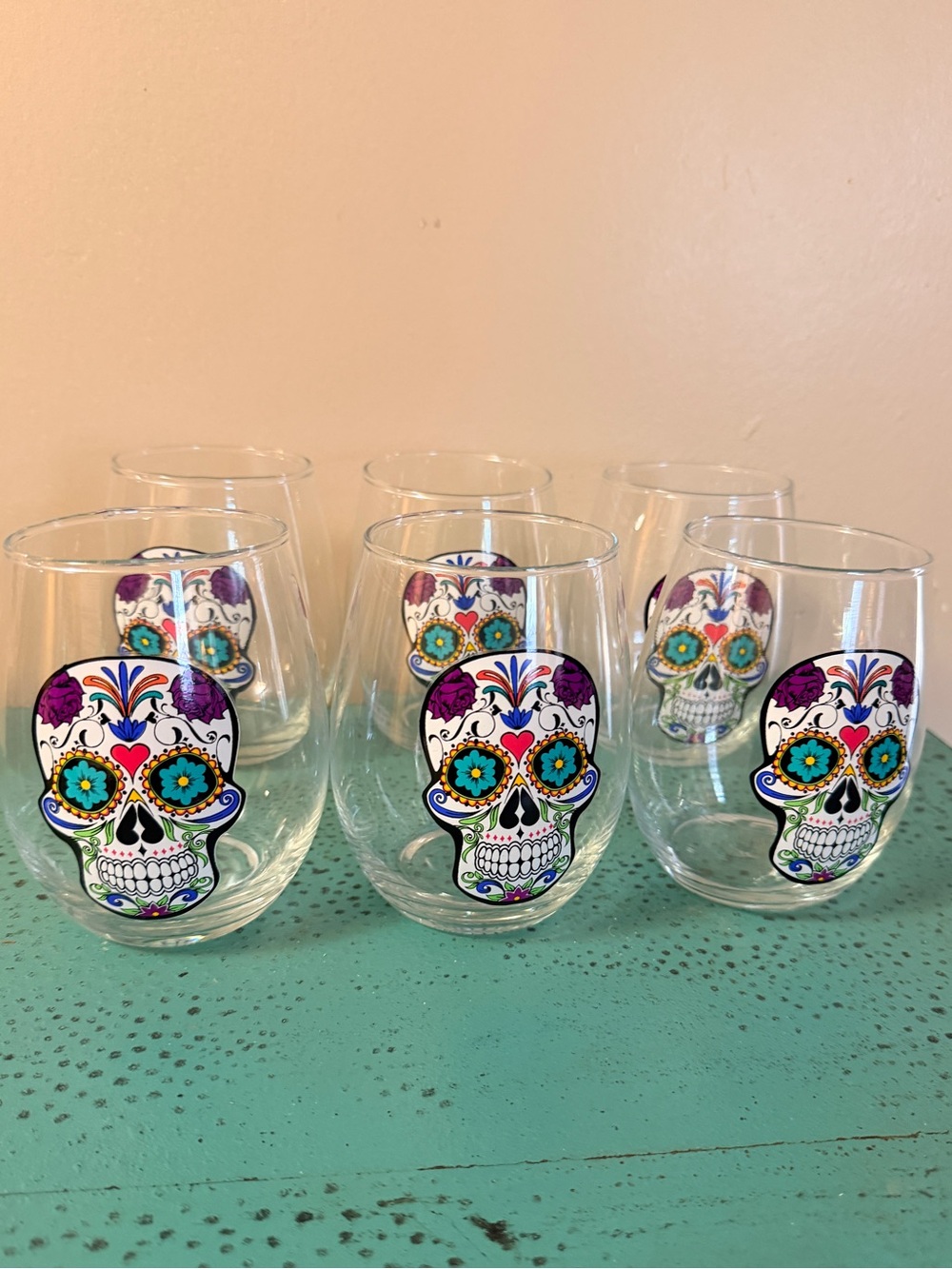 Decorative Sugar Skull Stemless 6 Wine Glass Day of The Dead
